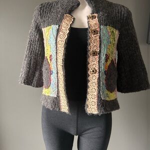 Free People Gray Textured Jacket with Colorful Patchwork
